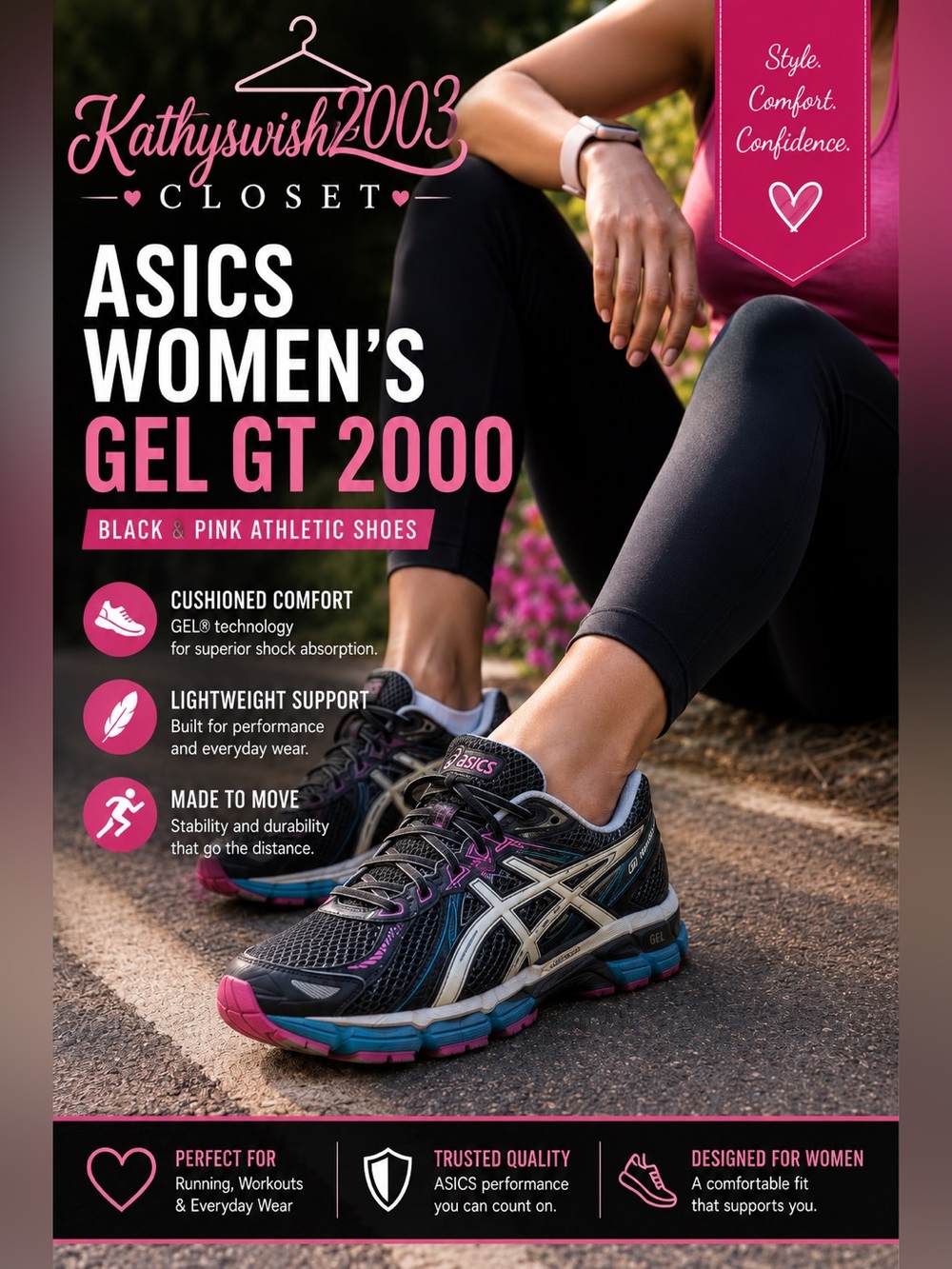 ASICS Women's Gel GT 2000 Black and Pink Athletic Shoes